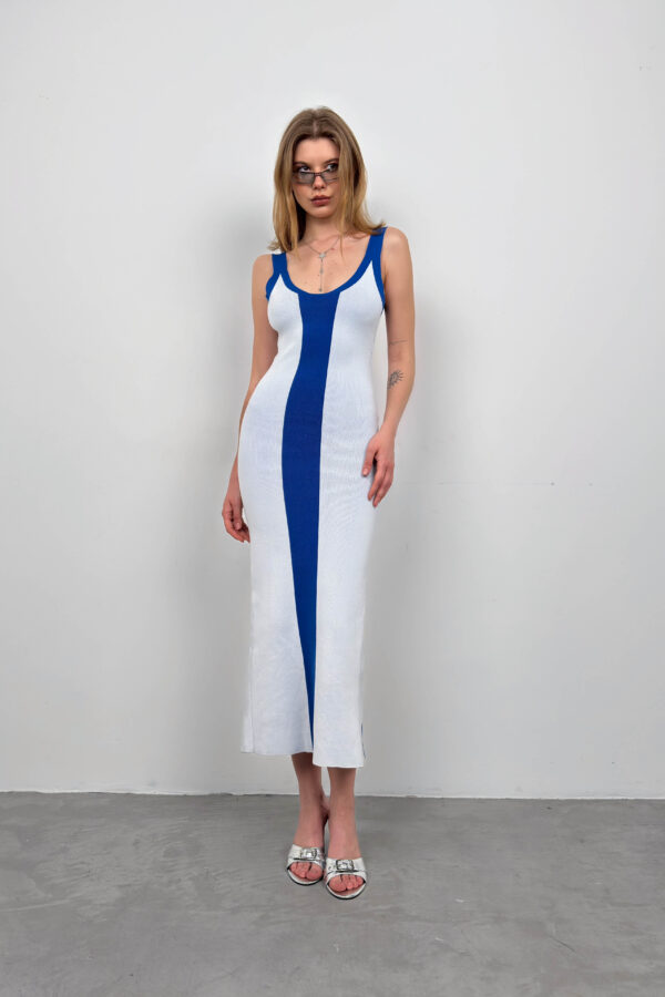 Blue Lightweight Wool Maxi Dress with Center Stripe - Image 5