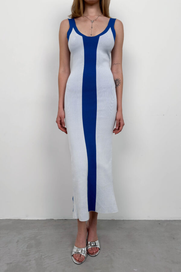 Blue Lightweight Wool Maxi Dress with Center Stripe - Image 4